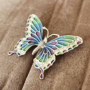 Vtg Butterfly Brooch Pin Gold Tone Cloisonne Enamel Wings Multicolor Rhinestones